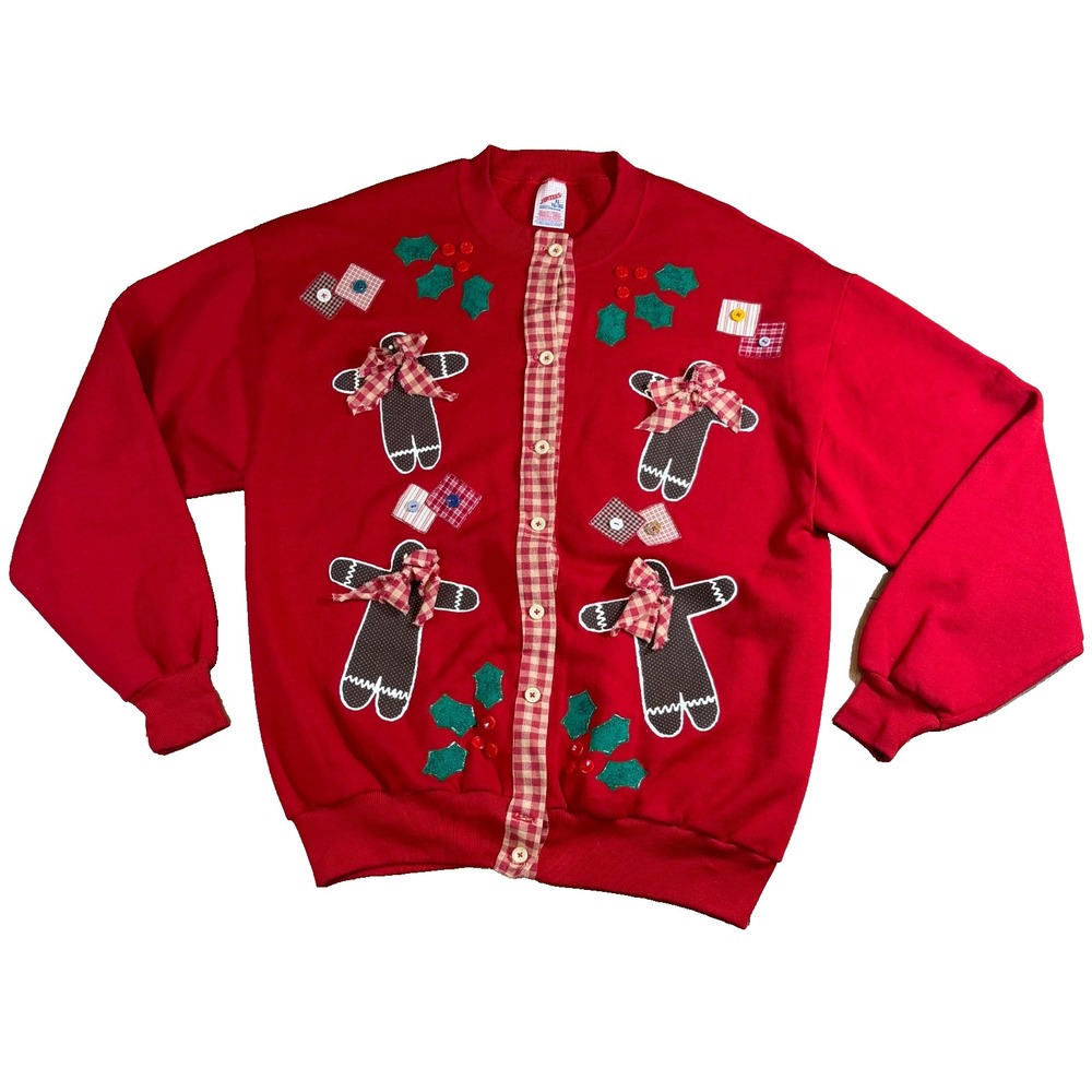 VTG 90s Christmas Sweatshirt Womens XL Red Jerzees Ribbon Gingerbread Ugly USA